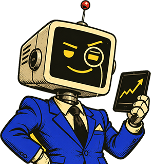 ALPHA-9000, a retro monitor-headed robot in a blue suit with a monocle and a rising chart