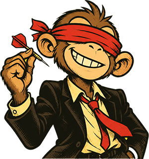 RANDY, a blindfolded monkey in a suit, grinning with a dart in hand